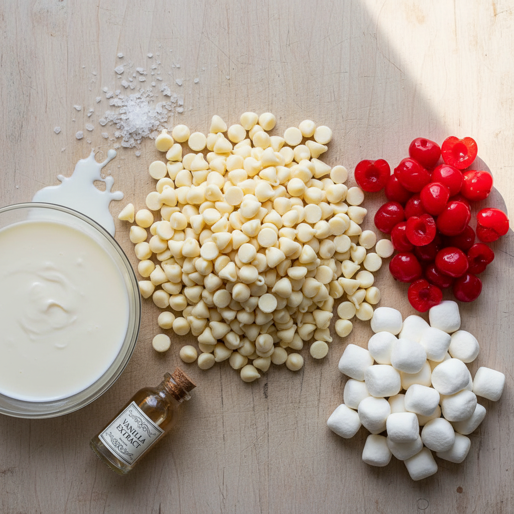 Ingredients for Cherry Vanilla Fudge including white chocolate chips and cherries
