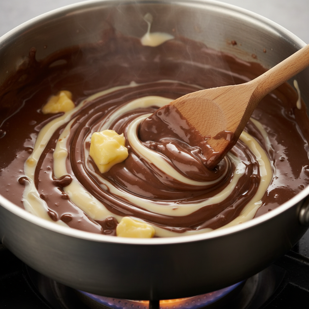 Melting chocolate fudge ingredients in saucepan