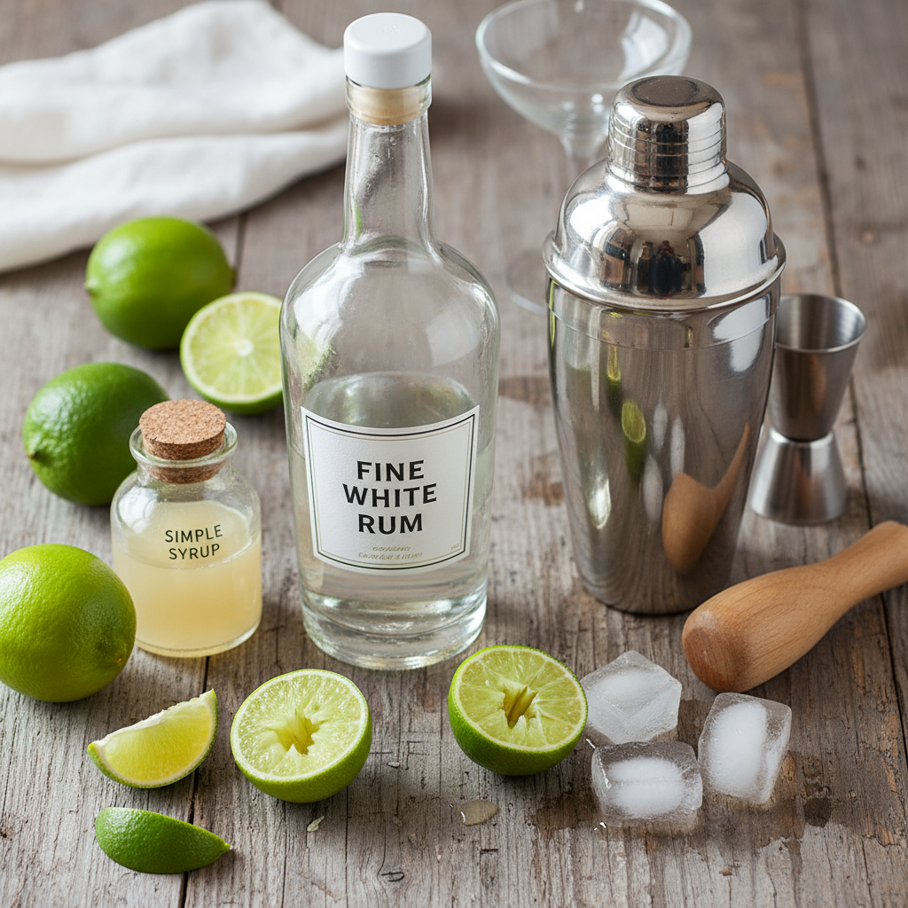 Cocktail shaker, jigger, citrus juicer and coupe glass