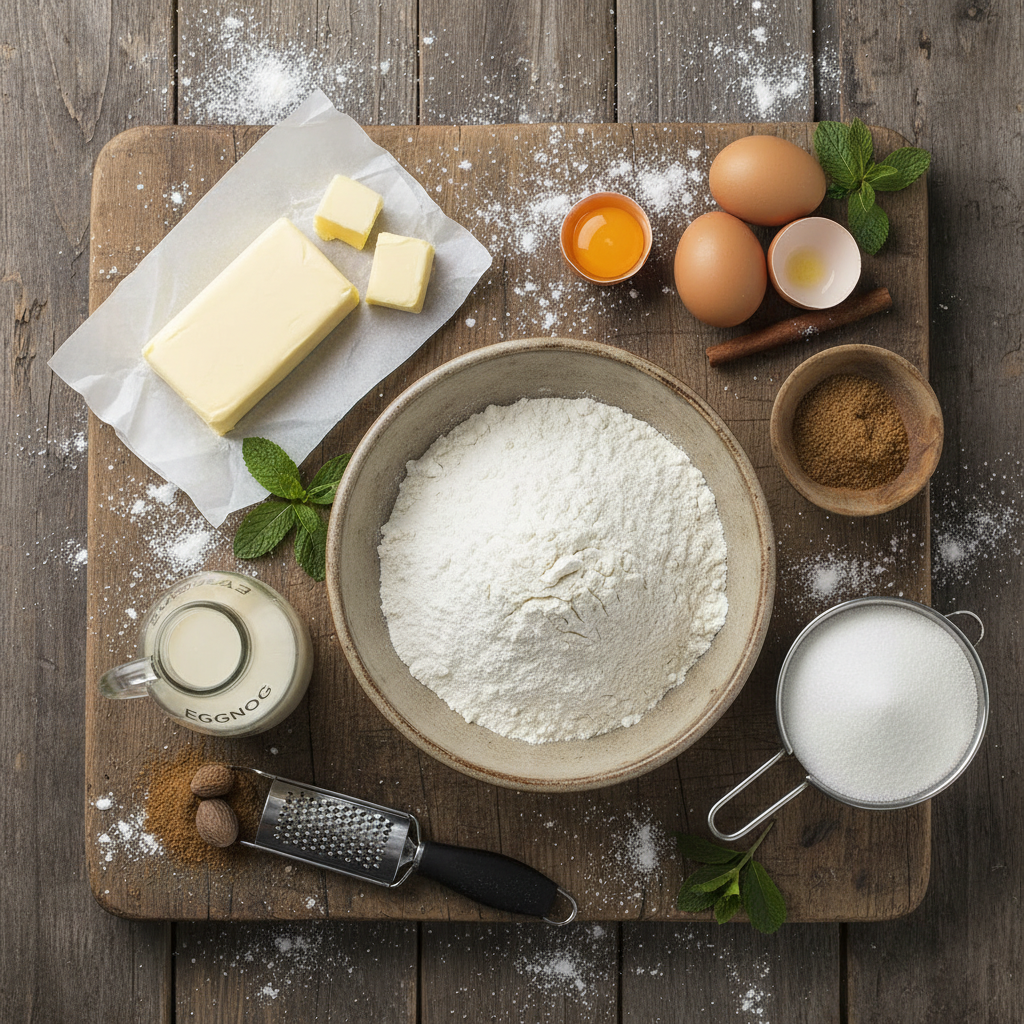Ingredients for Classic Eggnog Sugar Cookies arranged on a kitchen counter