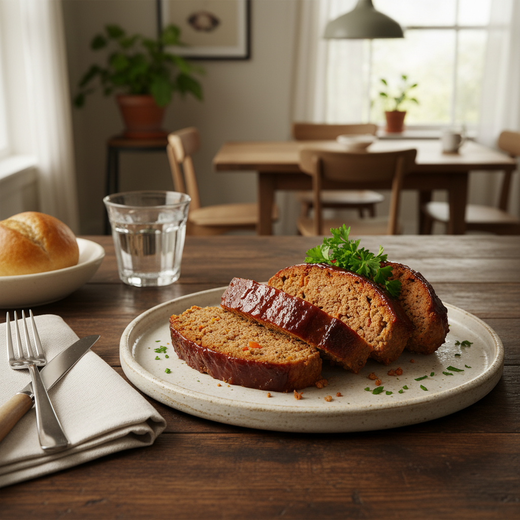 Served meatloaf with mashed potatoes and vegetables