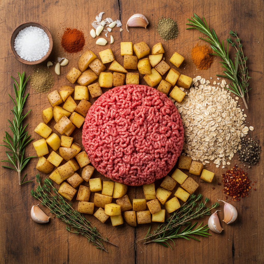 Ingredients for classic meatloaf arranged on a kitchen counter