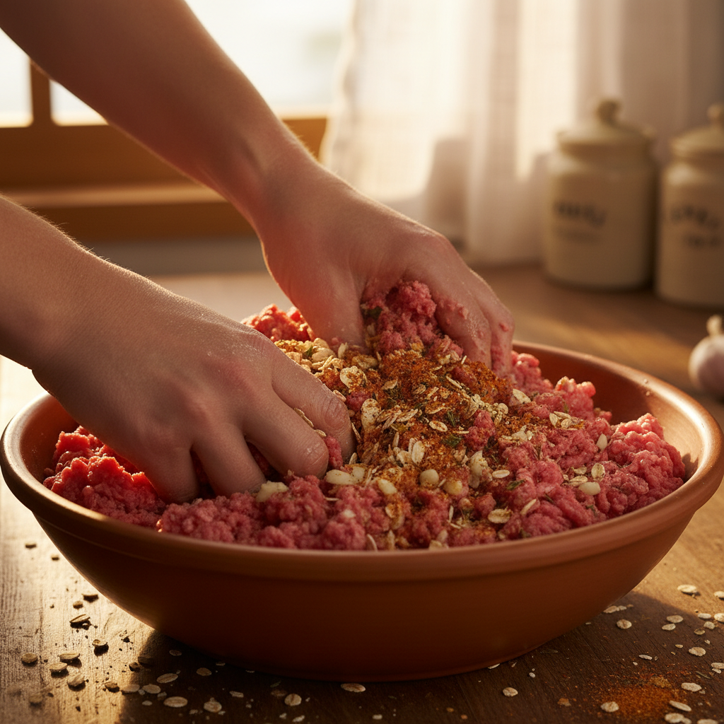 Mixing the classic meatloaf ingredients in a bowl
