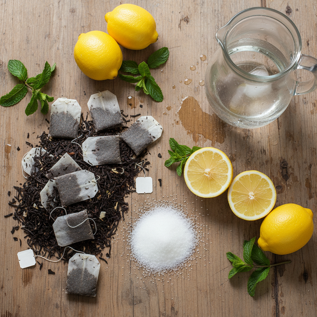 Ingredients for sweet tea including sugar and tea bags