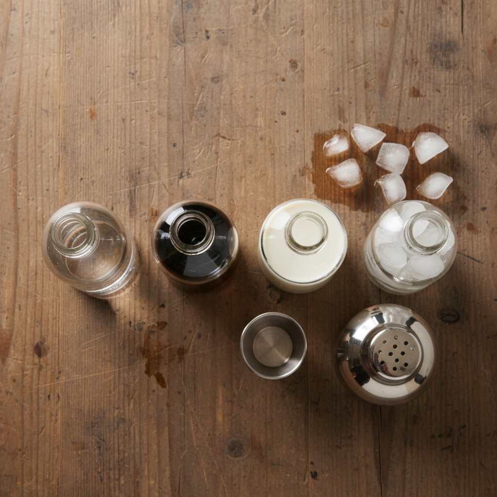 Ingredients for White Russian cocktail laid out