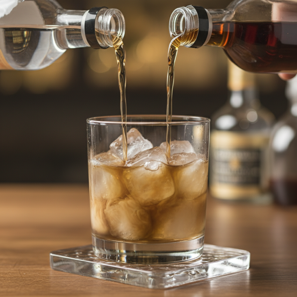 Pouring vodka and coffee liqueur over ice