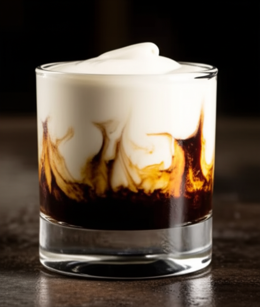 White Russian cocktail glass with creamy texture