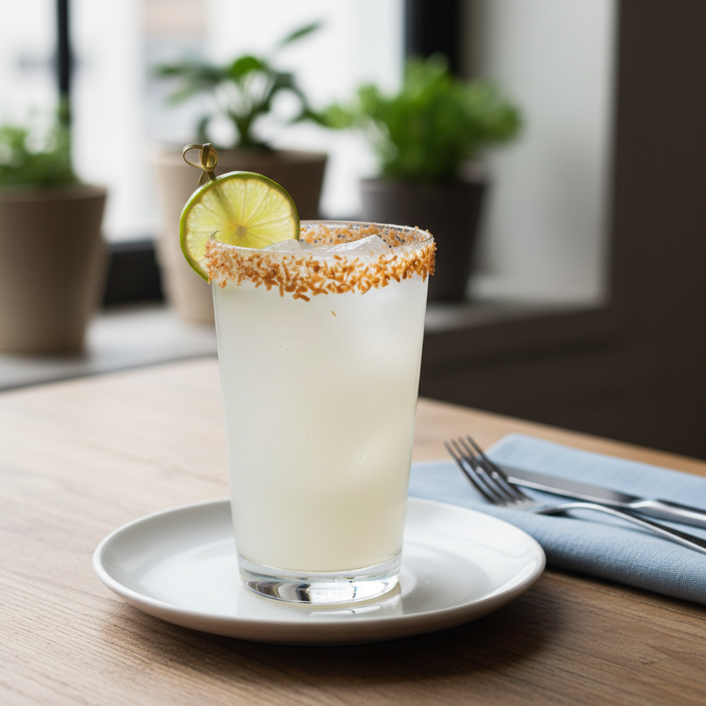 Finished Coconut Collins cocktail garnished with lime wheel