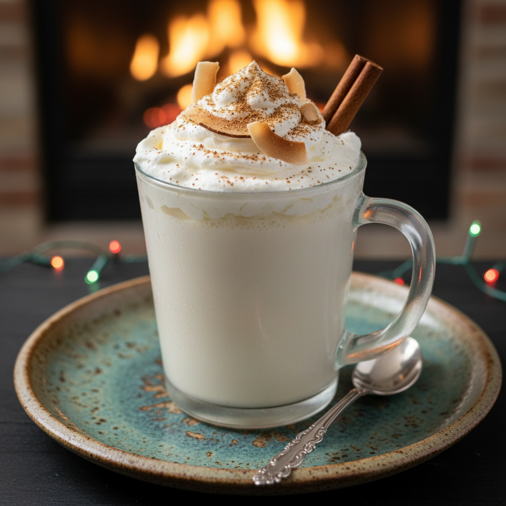 Finished Coconut Cream Eggnog with whipped cream and cinnamon stick