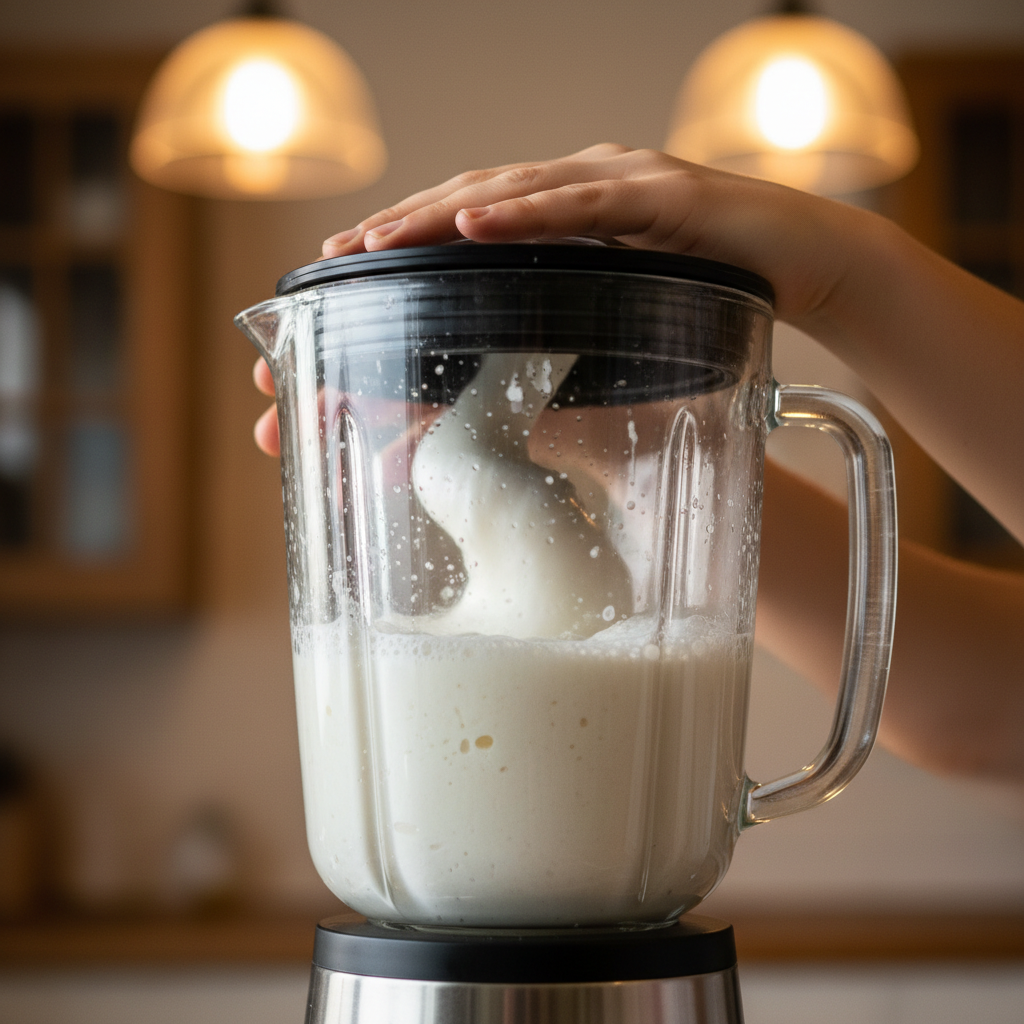 Blended coconut milk, protein powder and sweetener mix in blender