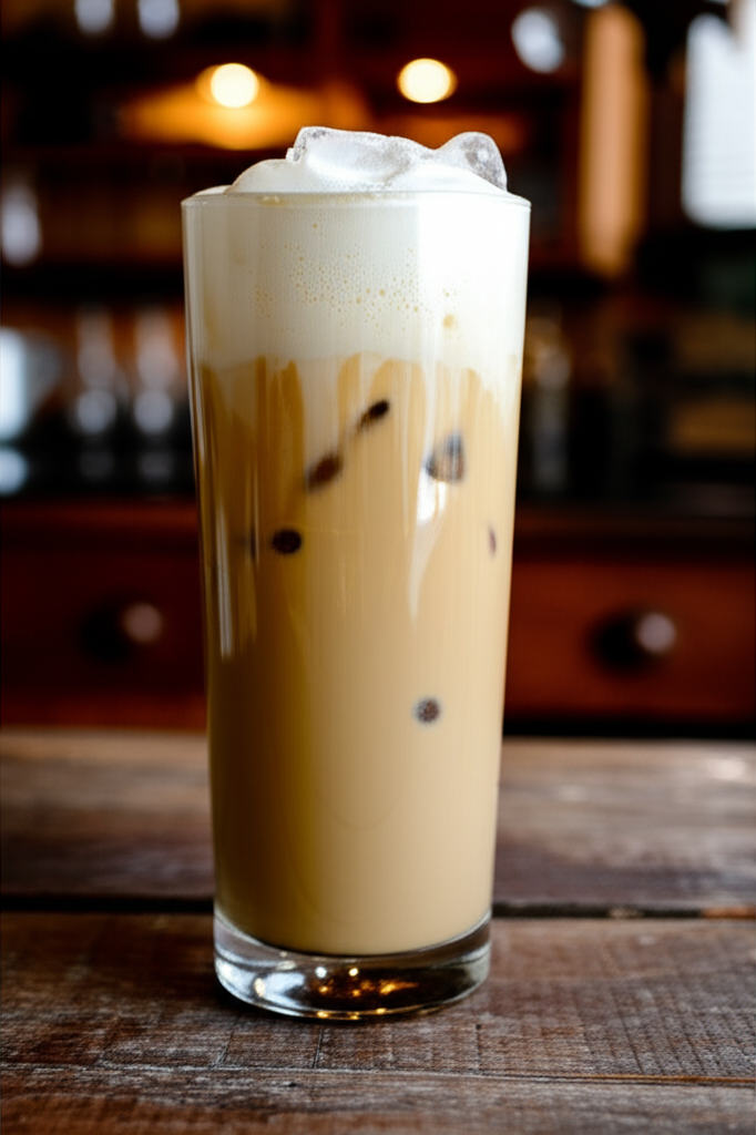 Coconut Cream Protein Iced Coffee in a glass with coffee beans and coconut