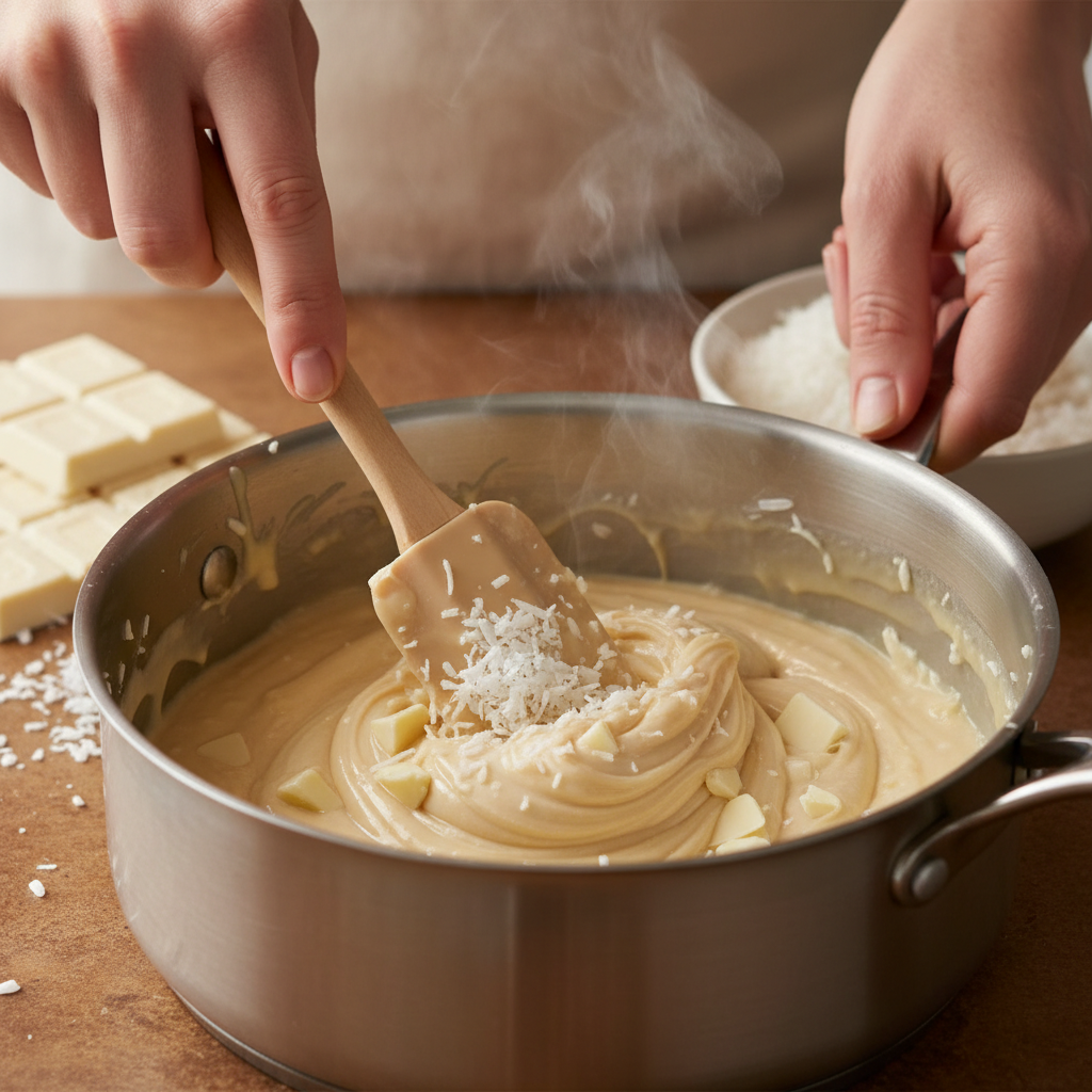 Mixing coconut fudge ingredients in a pot