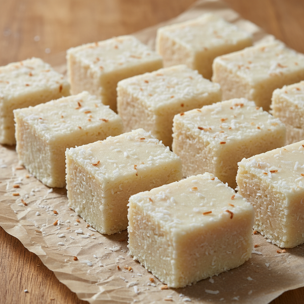 Sliced coconut fudge squares served