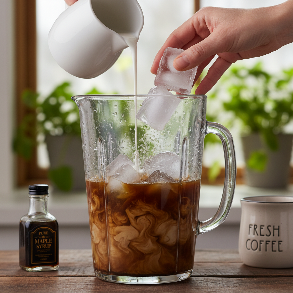 Close-up of blending coconut iced coffee slush in a blender