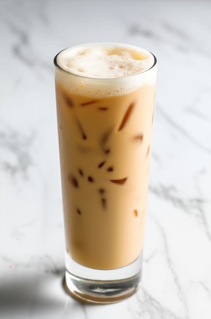Refreshing Coconut Iced Coffee Slush in a glass with tropical background