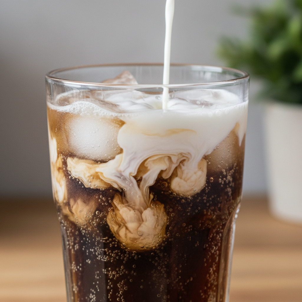 Marbled pattern of coconut creamer swirling through soda
