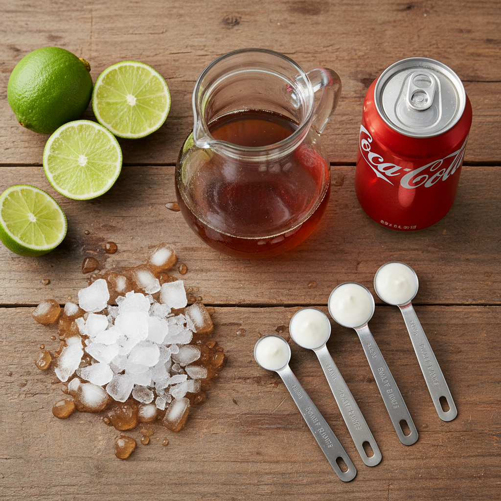Ingredients for Coconut Kiss Dirty Soda including cola, coconut syrup, lime, and cream