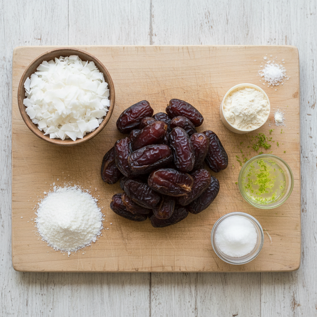Ingredients and Kitchen Tools for Coconut Lime Protein Balls