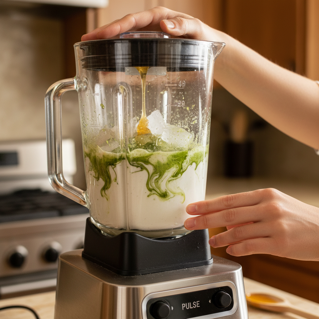 Blending coconut milk, matcha, ice, honey, and vanilla