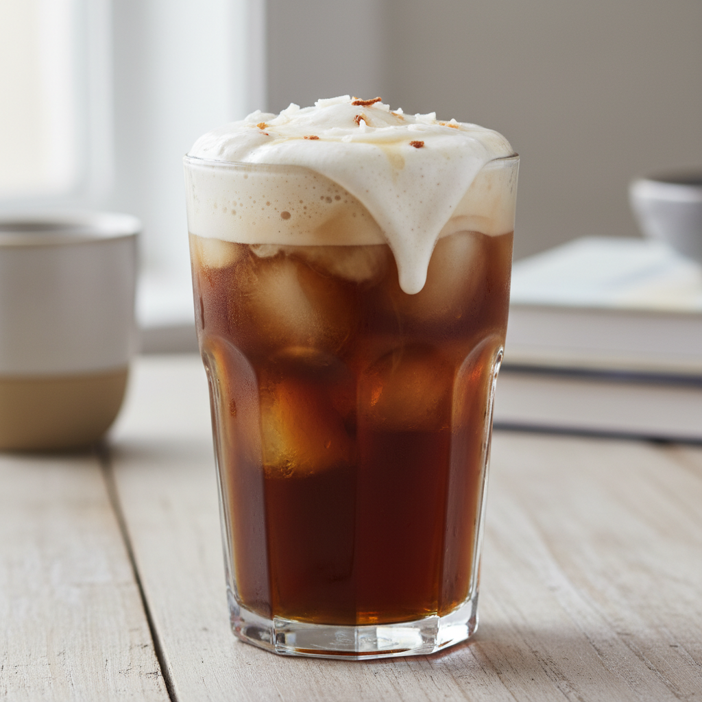 Final serving of Coconut Vanilla Cold Brew in a tall glass