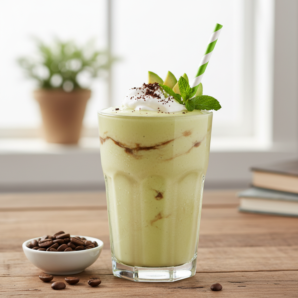 Coffee avocado smoothie with straw on table