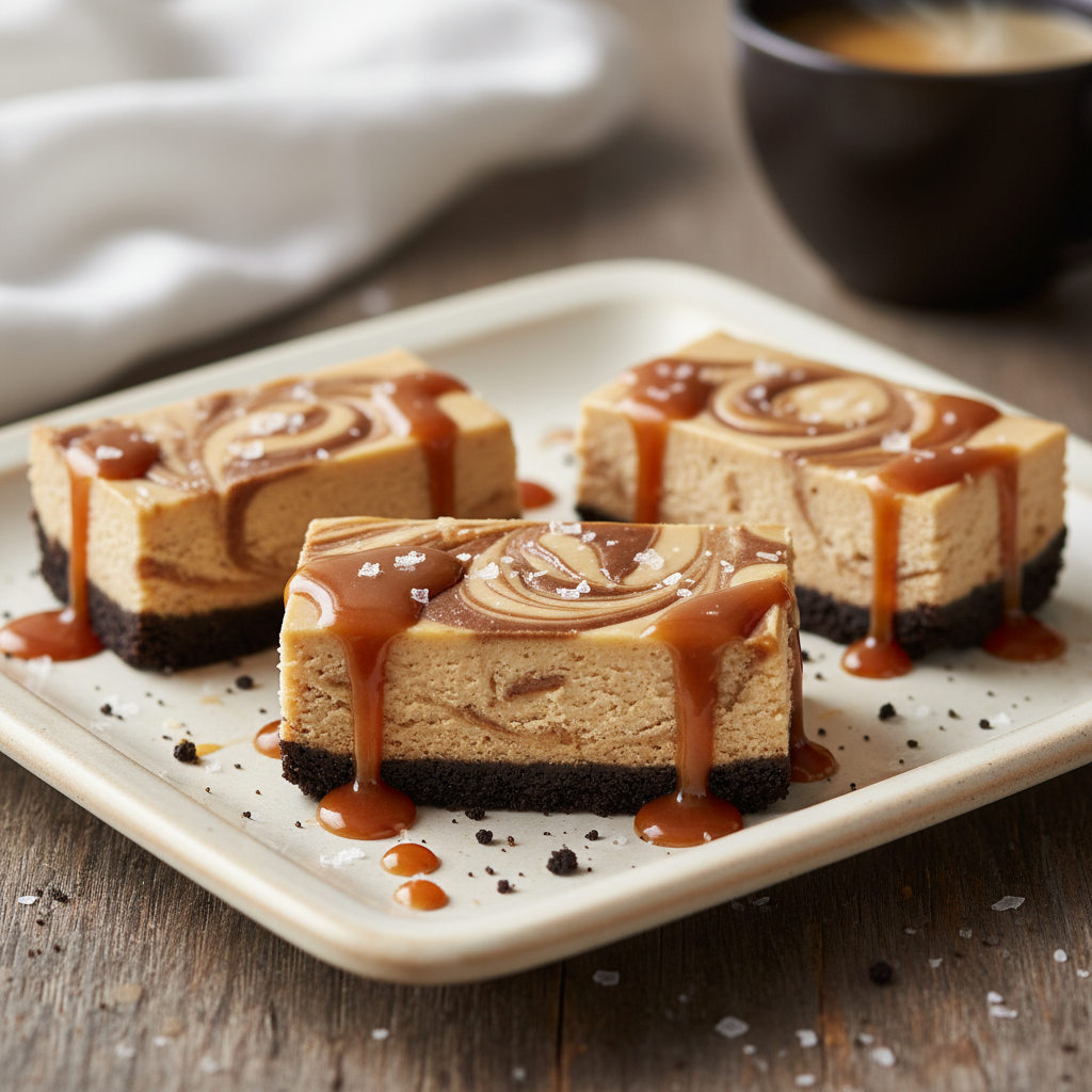 Coffee Caramel Cheesecake Bars served with caramel drizzle