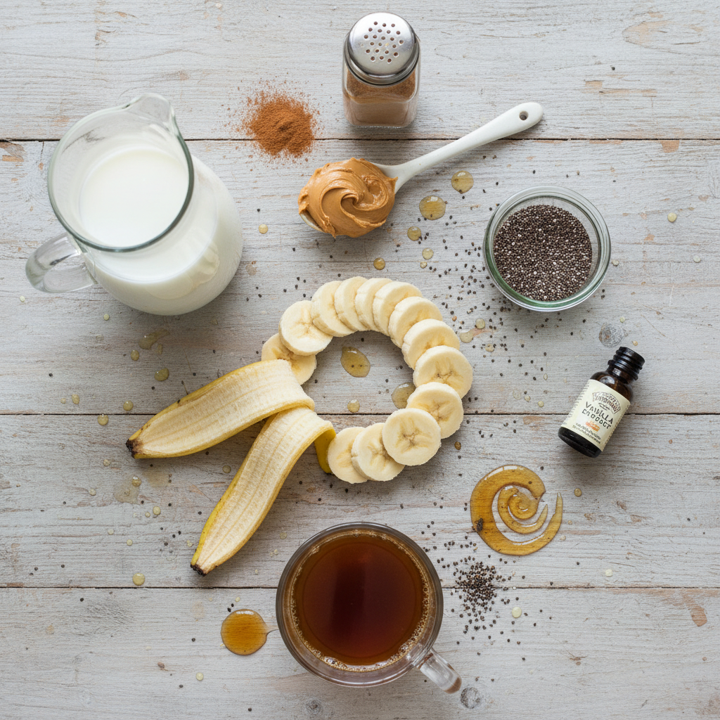 Ingredients and equipment for Coffee Chia Smoothie