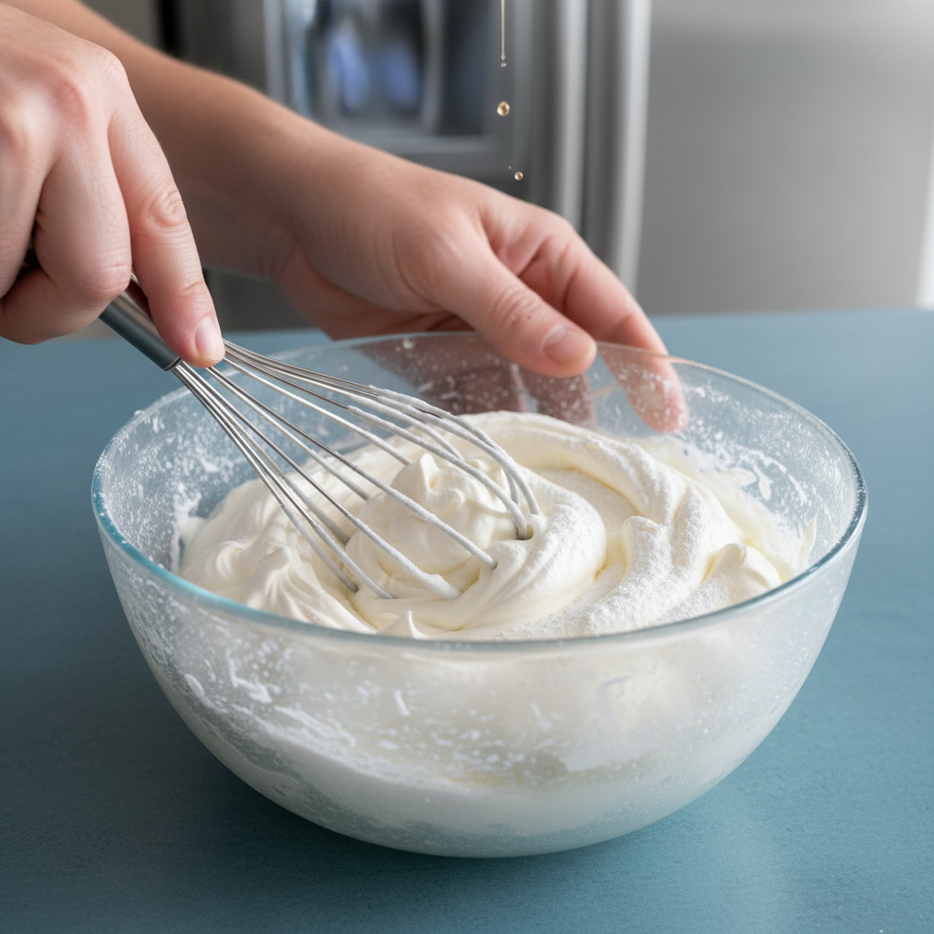 Beating the cream for Cherry Almond Amaretto Trifle