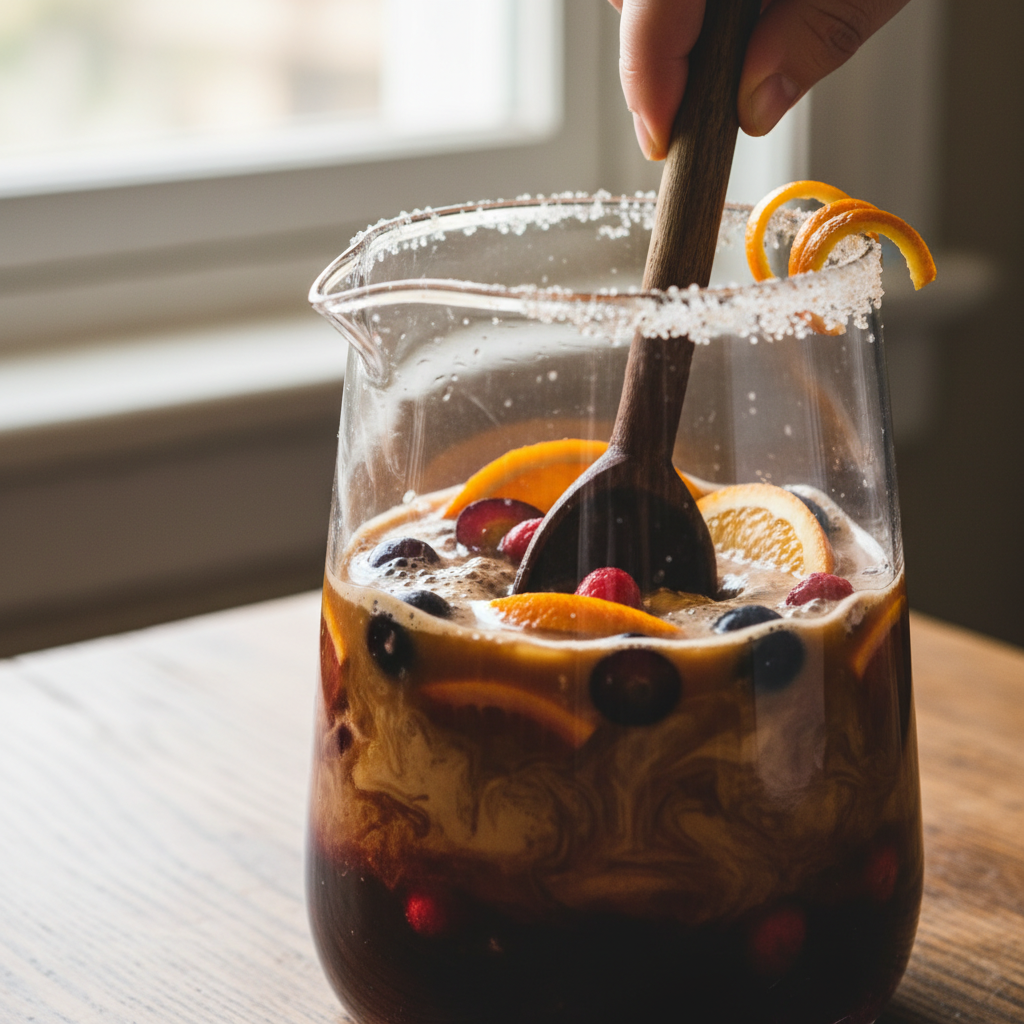Mixing coffee sangria ingredients in pitcher