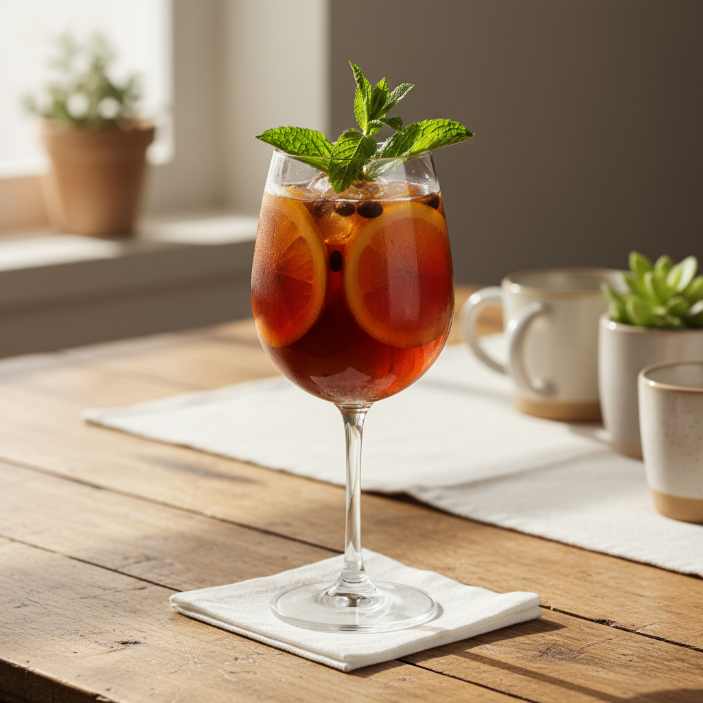 Coffee sangria served in glasses with fresh mint garnish