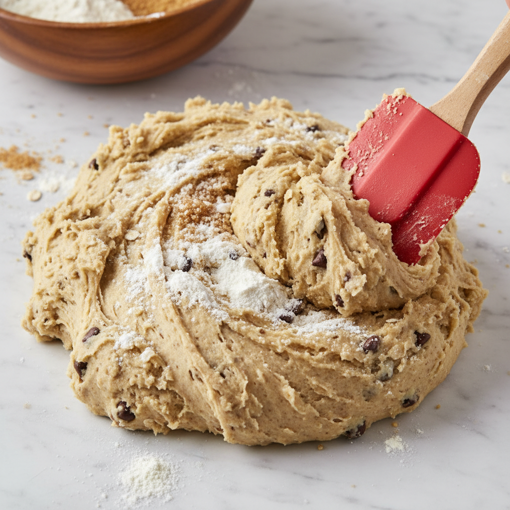 Mixing dry ingredients into wet batter with a rubber spatula