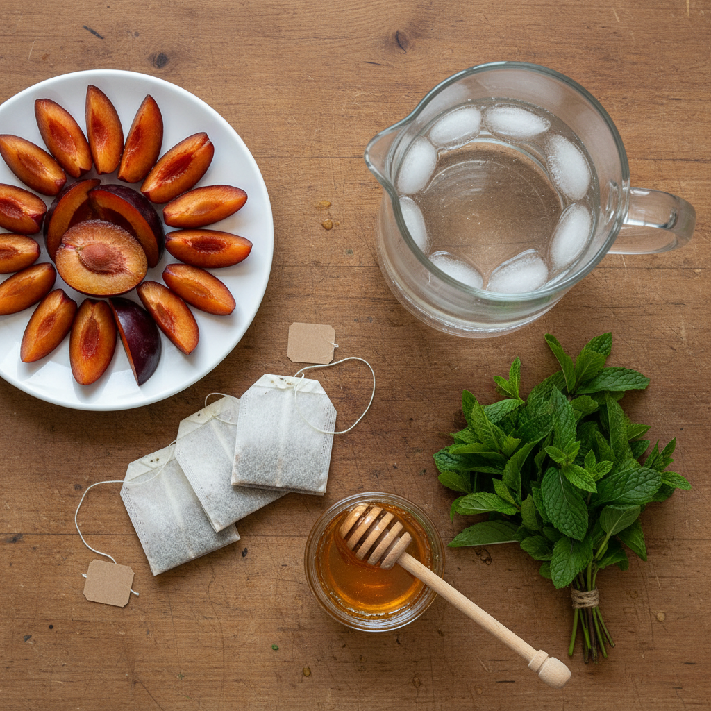 Ingredients and equipment for Cold Brew Plum Iced Tea