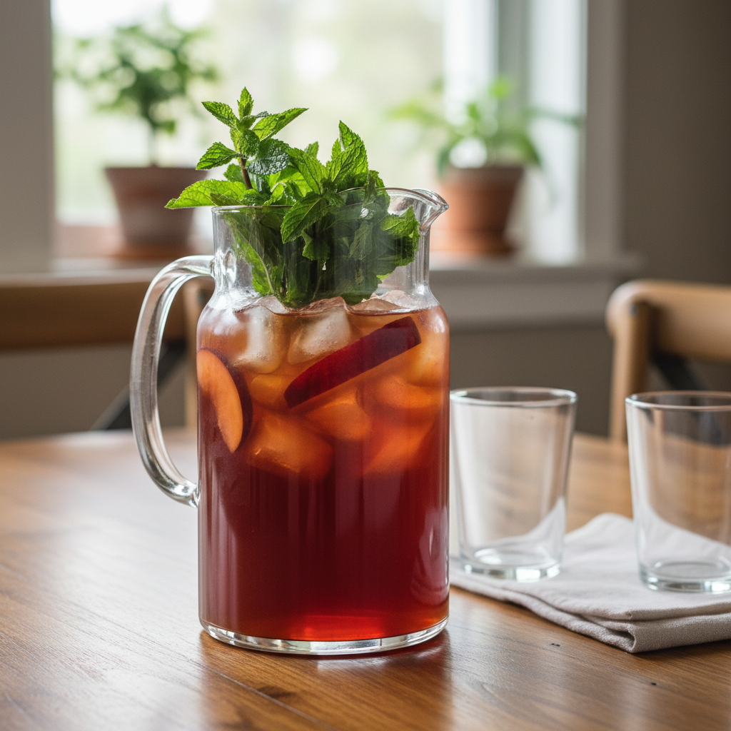 Refreshing glass of Cold Brew Plum Iced Tea with mint garnish