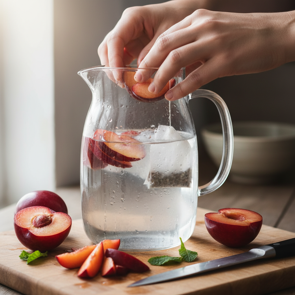 Cut plums being added to tea in a pitcher