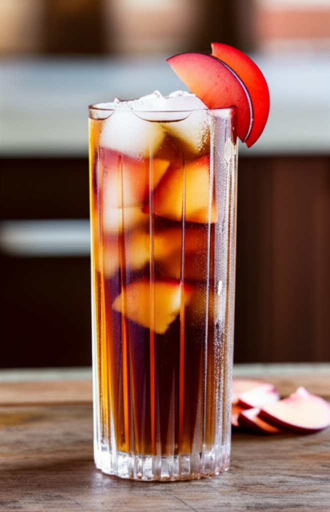 Cold Brew Plum Iced Tea in a glass pitcher with plums
