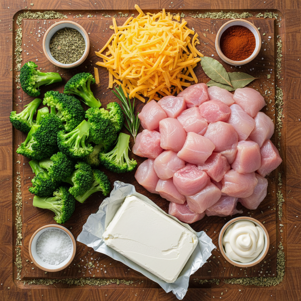 Ingredients for chicken broccoli bake