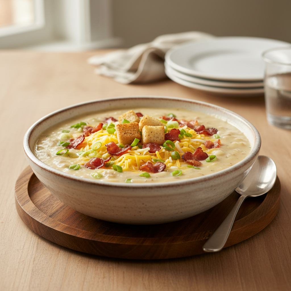 Served loaded baked potato soup with garnishes bacon and cheese