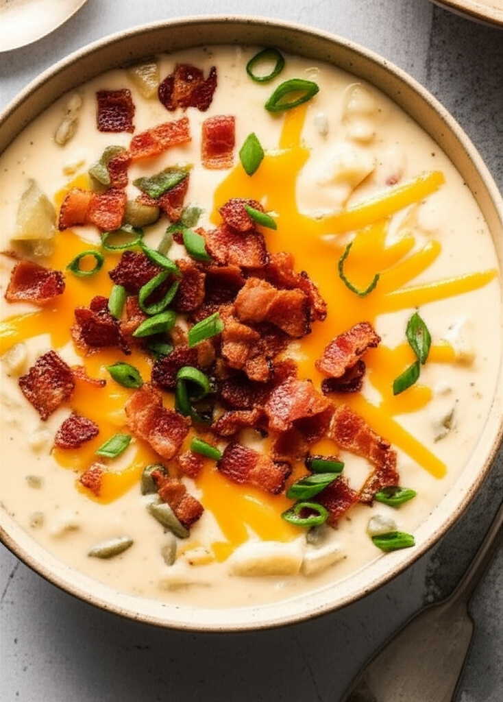 Creamy loaded baked potato soup with cheese and bacon