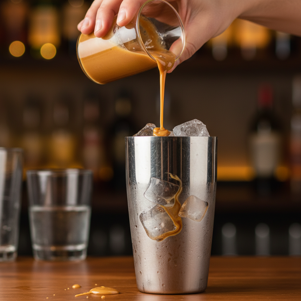 Mixing cocktail ingredients for Cookie Butter White Russian