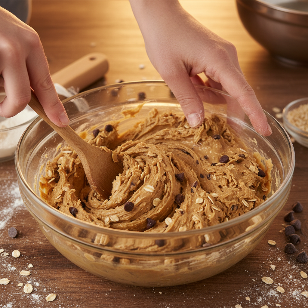 Mixing dry and moist ingredients in a bowl