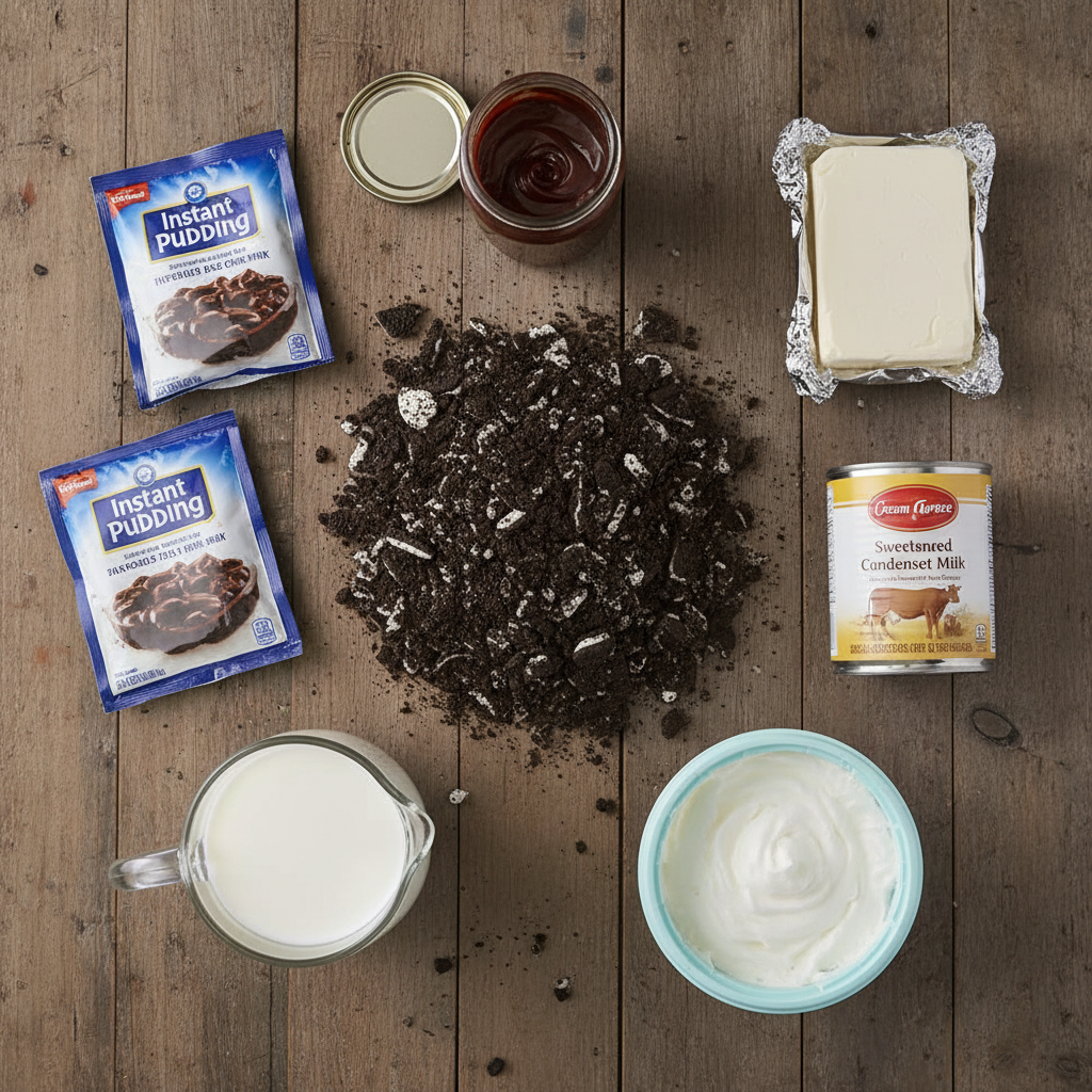 Ingredients for Cookies and Cream Fudge Trifle laid out