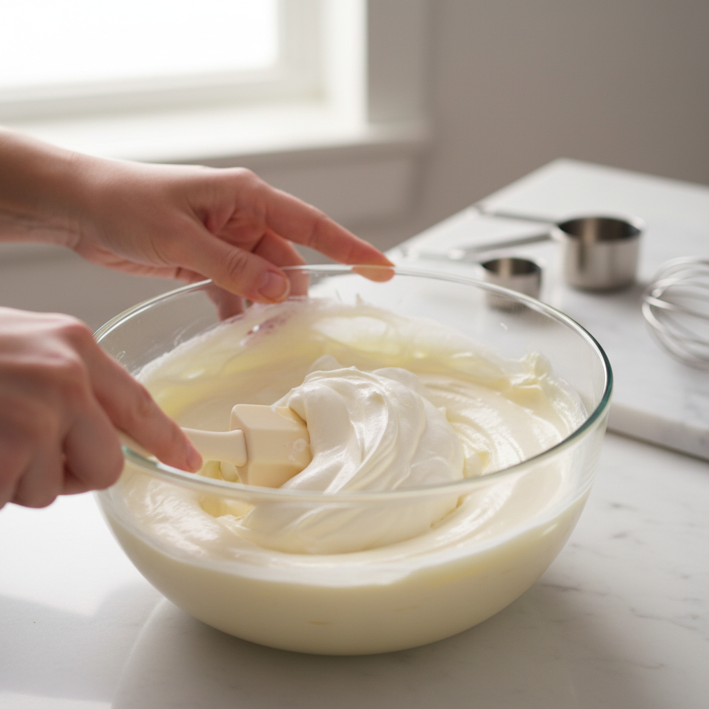 Cream cheese and whipped topping mixture folded gently