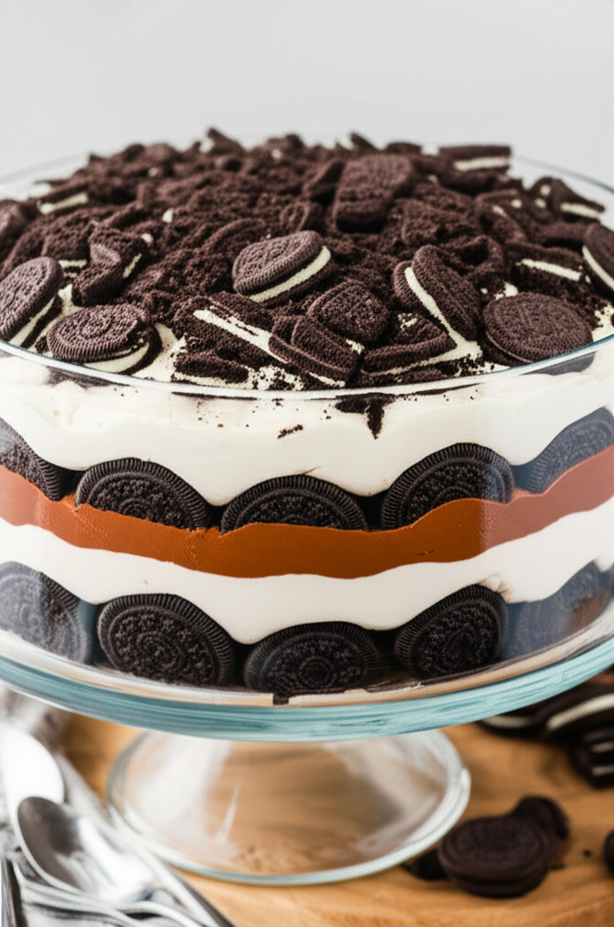 Cookies and Cream Fudge Trifle dessert in a glass