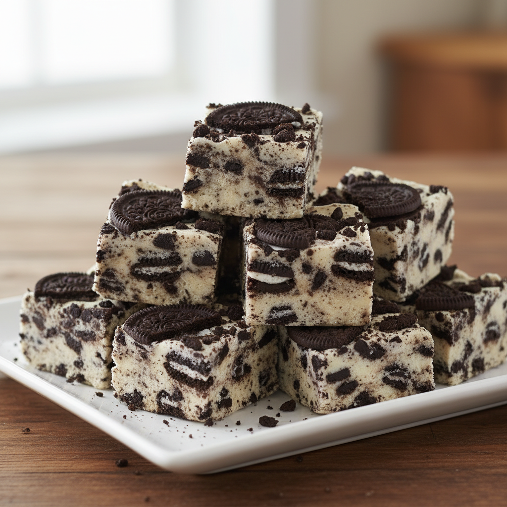 Stacked fudge squares on plate
