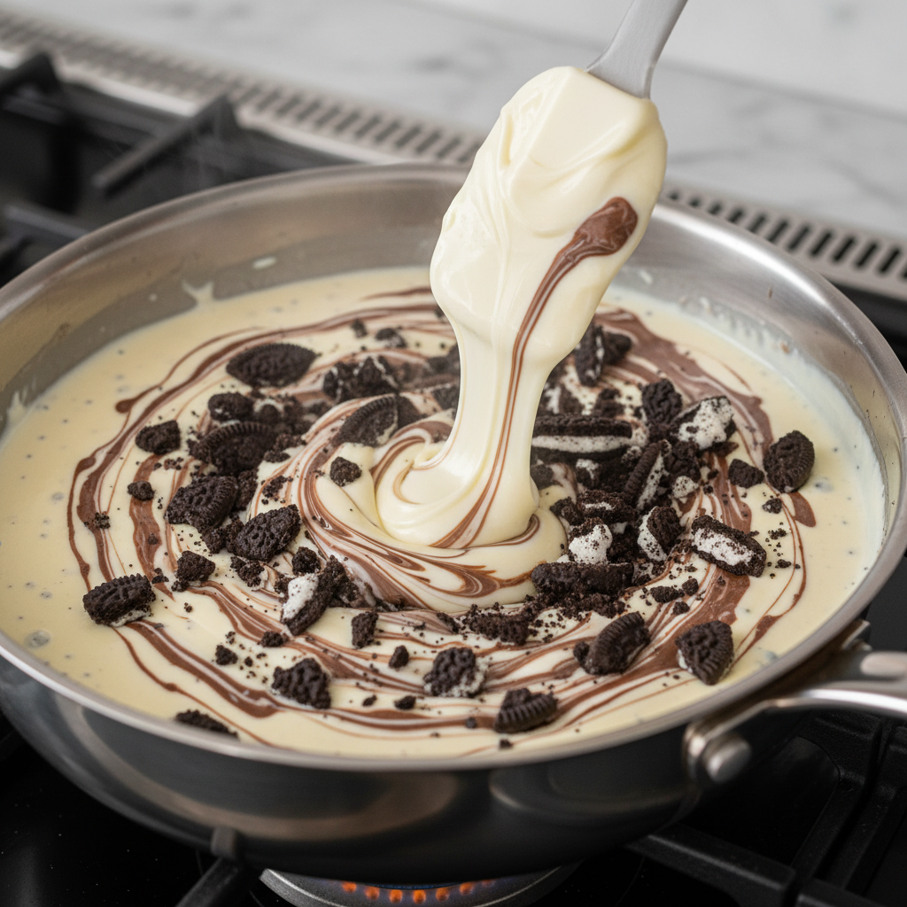 Mixing vanilla extract and chopped Oreos into fudge mixture