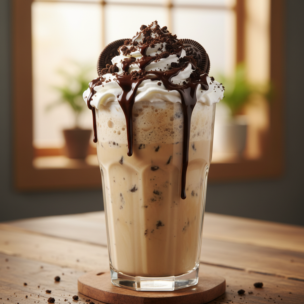 Cookies & Cream Protein Coffee topped with whipped cream