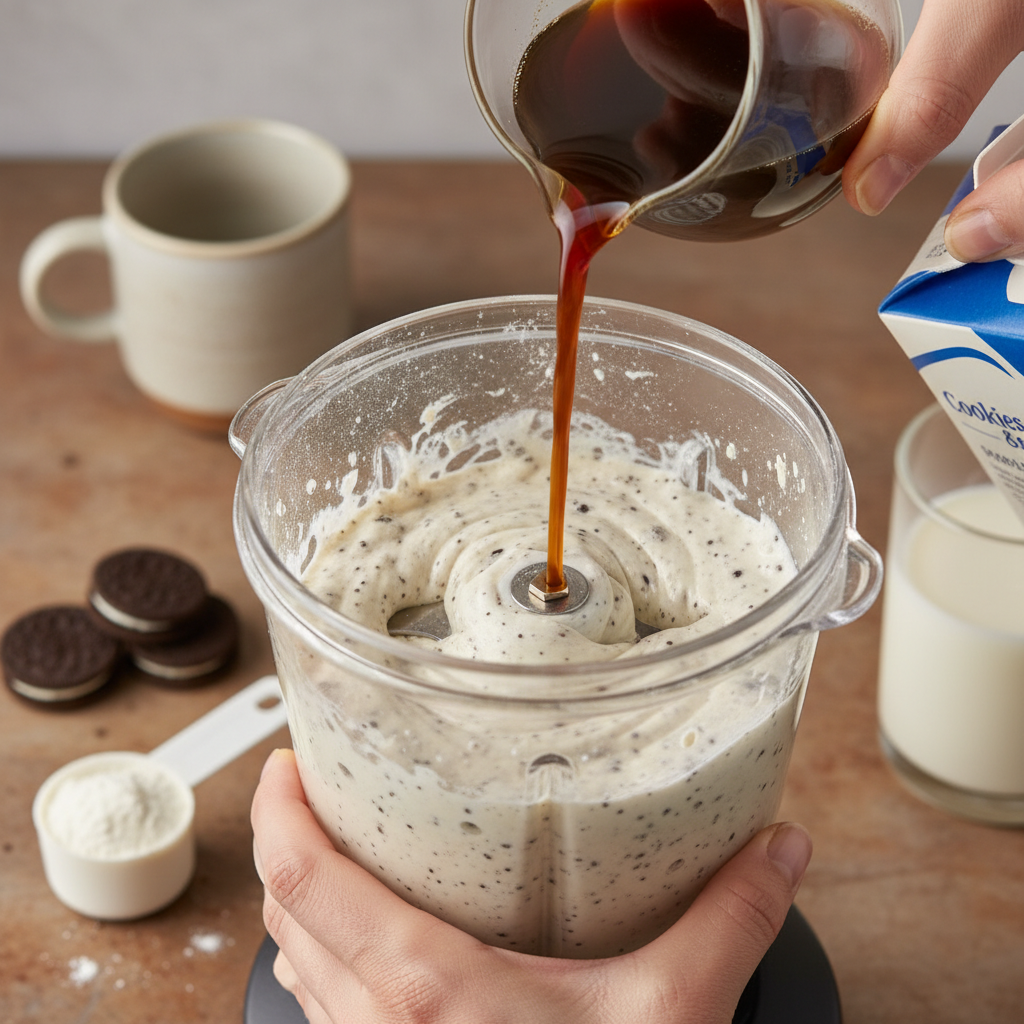 Combining protein powder, milk, and coffee in blender