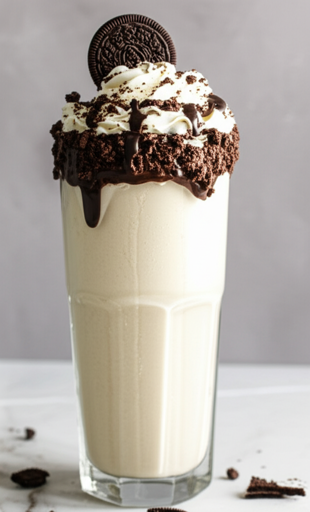 Cookies and Cream Protein Shake in a tall glass with cookies