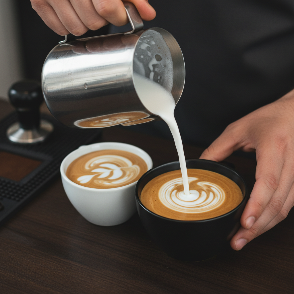 Cortado and flat white coffees side by side