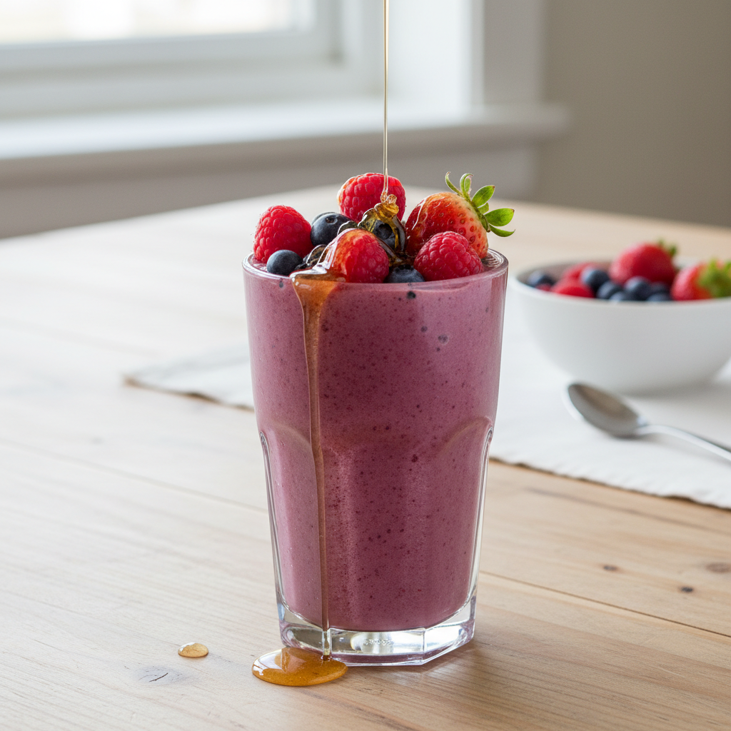 Served Cottage Cheese Berry Smoothie with fresh berries and honey drizzle